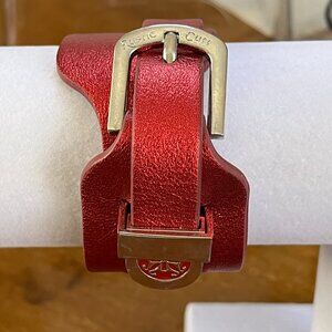 Rustic Cuff Wide Metallic Red Double Wrap Leather Logo Buckle Bracelet NEW